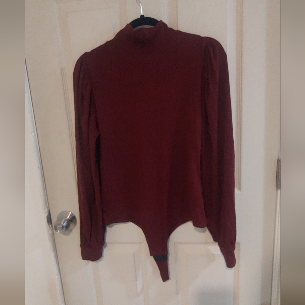 Maroon Madewell Mock Neck Puff Sleeve Bodysuit - Picture 2 of 6